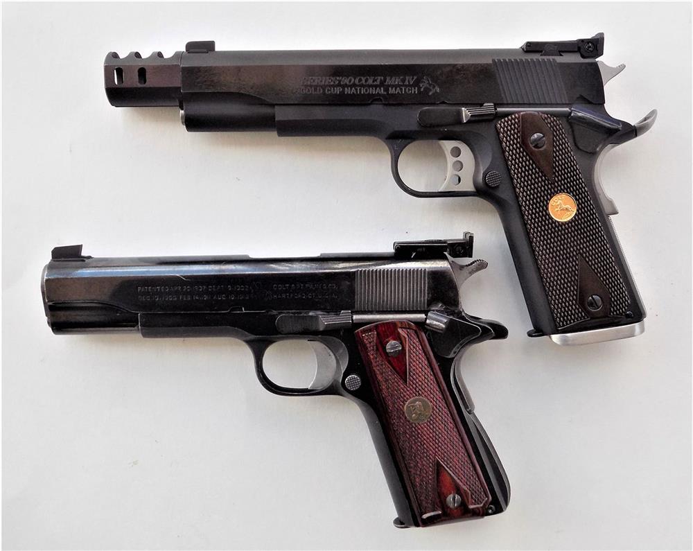 Colt 1911 pistol with compensator, top and Colt 1911 Bullseye gun customized by Madore, bottom