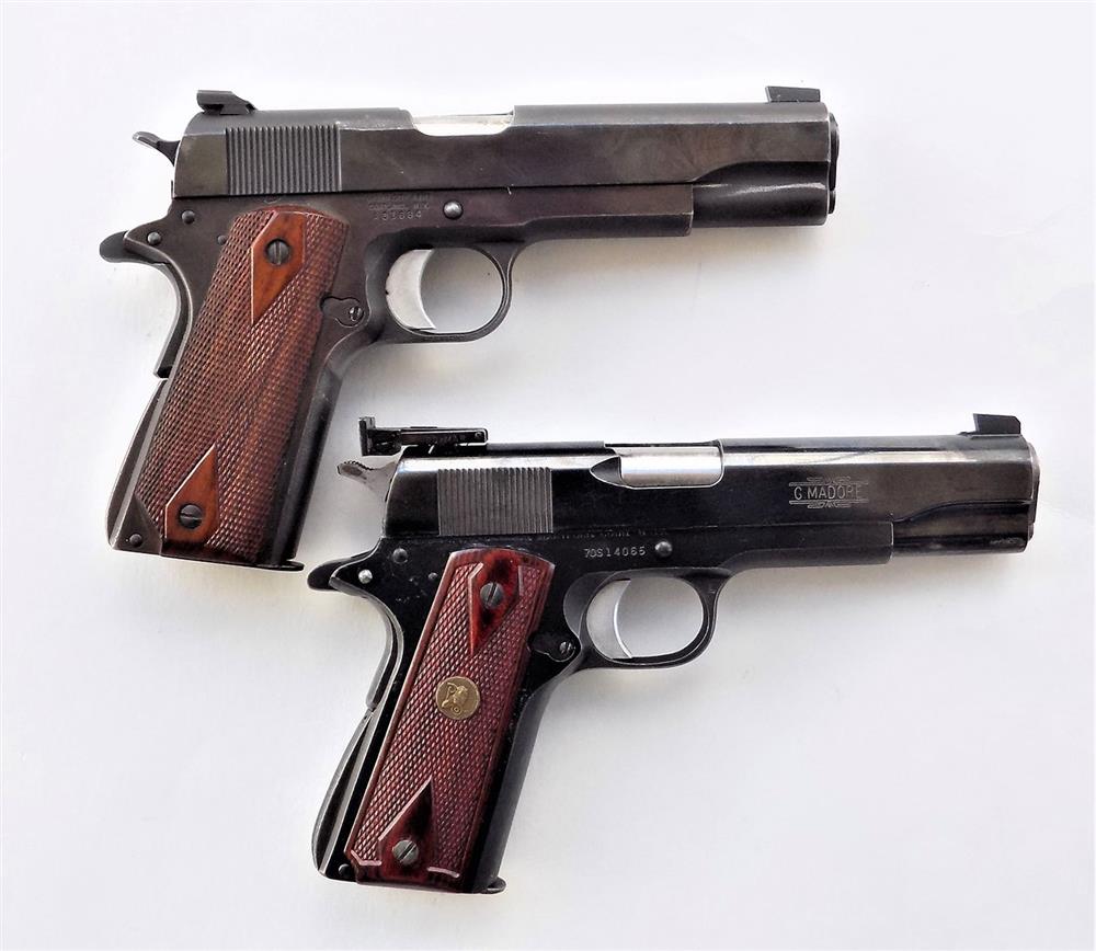 Old Colt 1911 handgun for carry, top. Madore Bullseye gun for target shooting, bottom