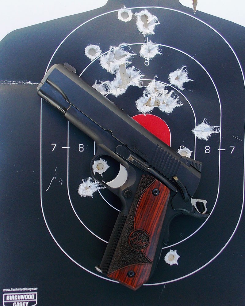 bullet holes in a silhouette target with a Dan Wesson Guardian pistol