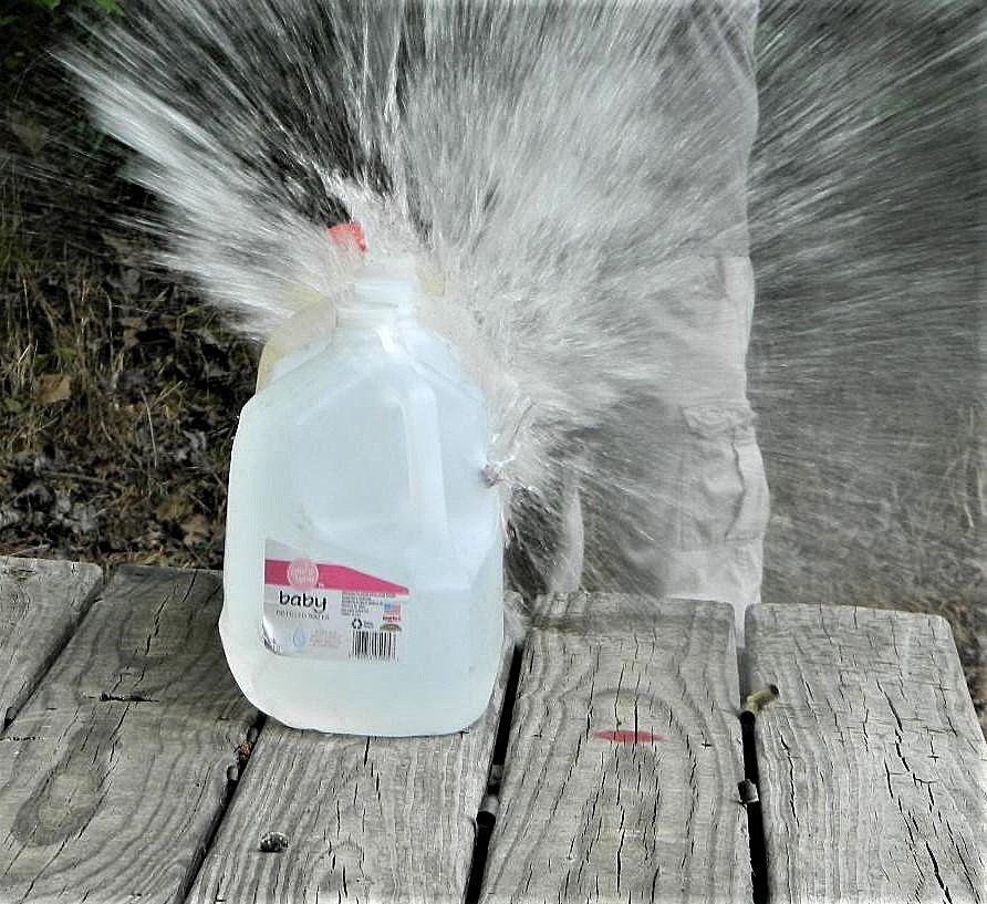 one-gallon milk jug exploding as it is hit by a bullet