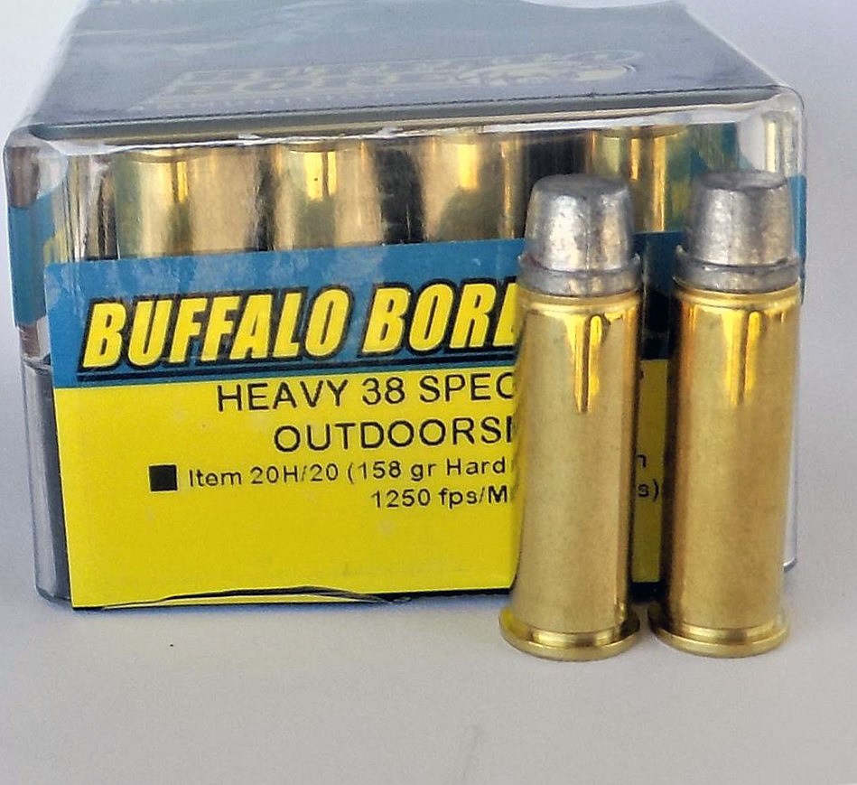 Plastic box of Buffalo Bore .38 Special ammunition