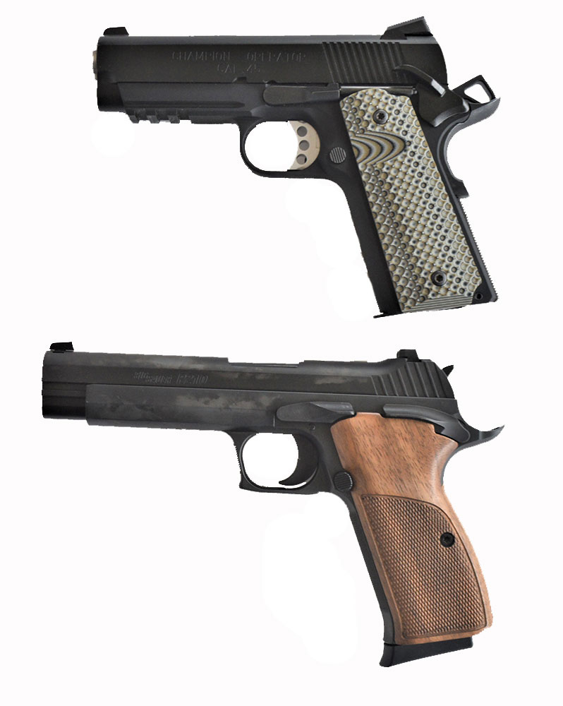 two 1911 single action handguns