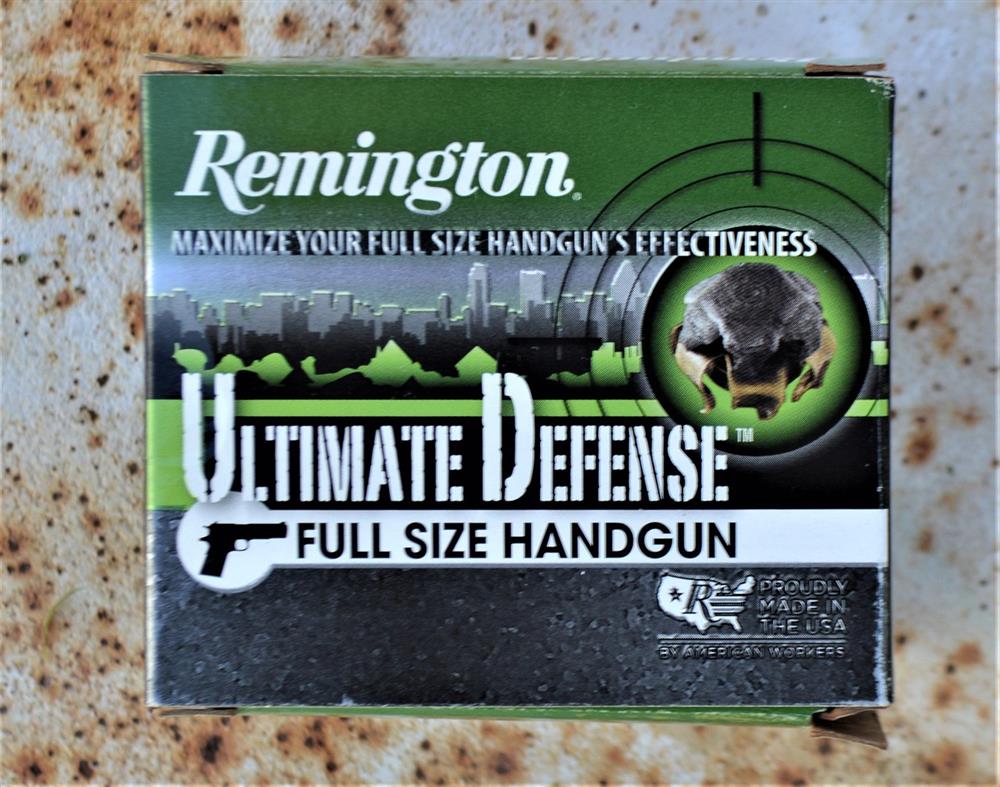 Box of Remington Ultimate Defense handgun ammunition