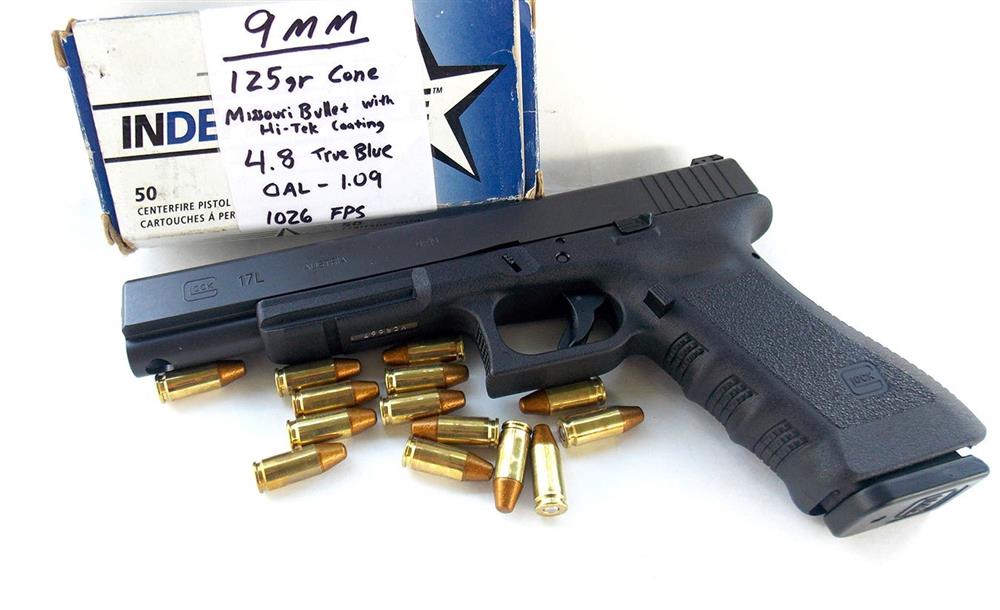 Glock 17L pistol with Hi Tek-coated bullets