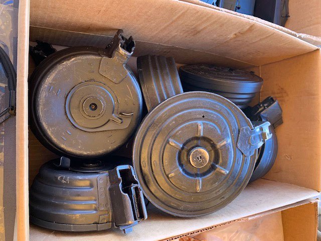 box of AK47 100-round drum magazines
