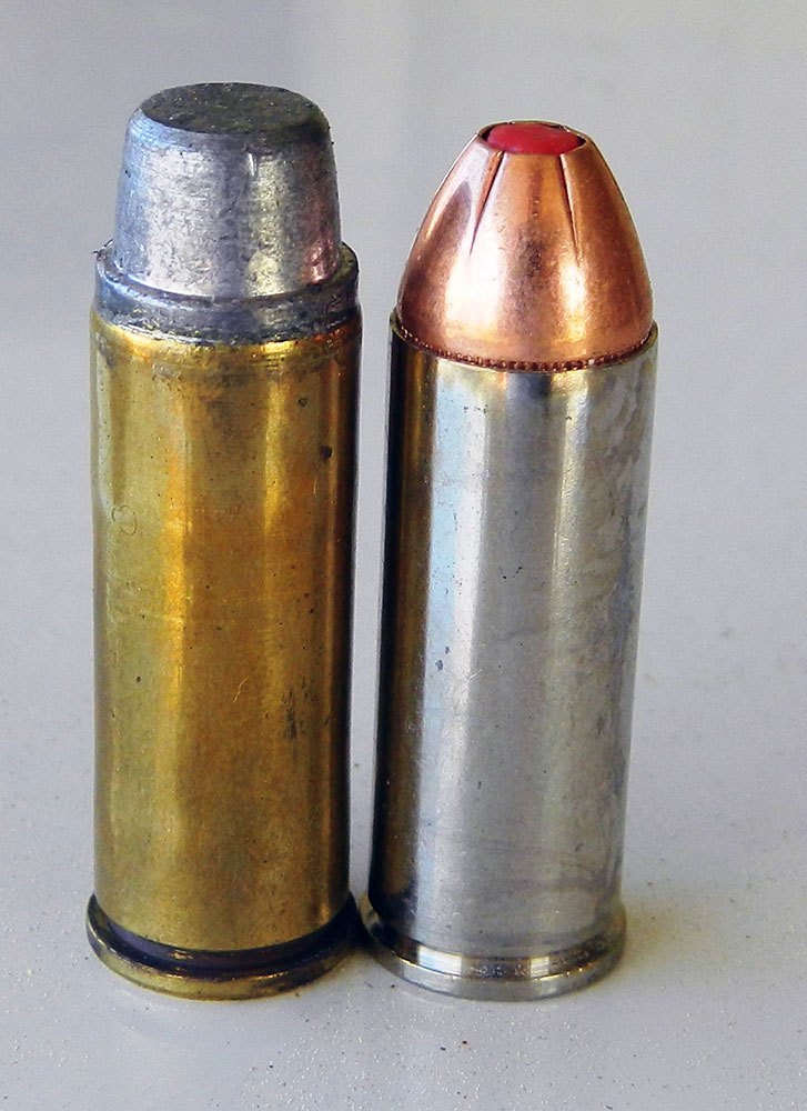 255-grain SWC handload on the left and Hornady FTX, right