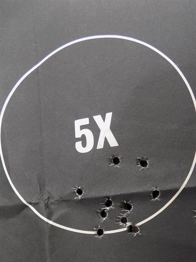 Silhouette target with multiple bullets holes in the 5 ring