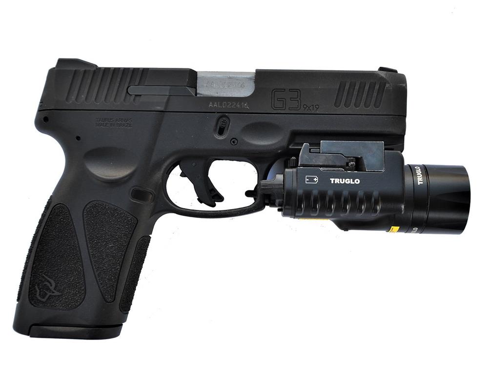 Taurus G3 9mm pistol, black, with TruGlo tactical light attached to the dust cover