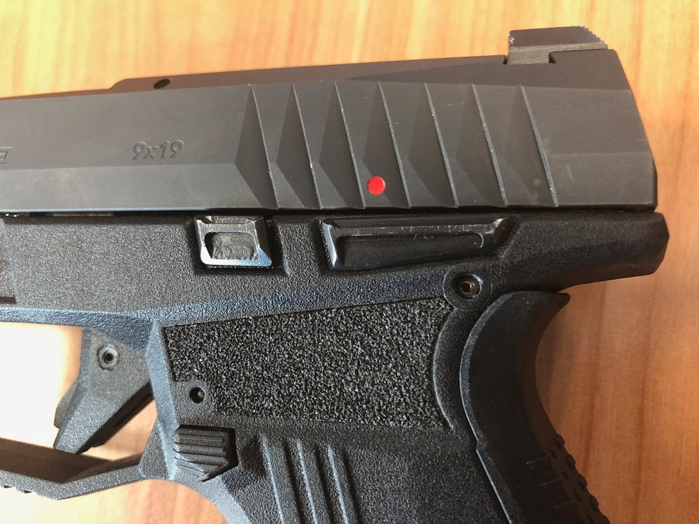 Closeup of the safety of the Arex Rex Delta pistol