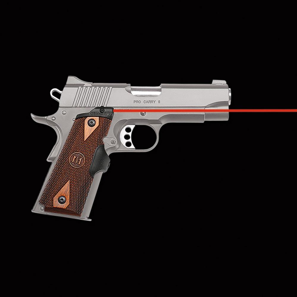 1911 handgun outfitted with a Crimson Trace red laser