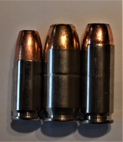 Left to right - 9mm, .45, and 10mm cartridges.