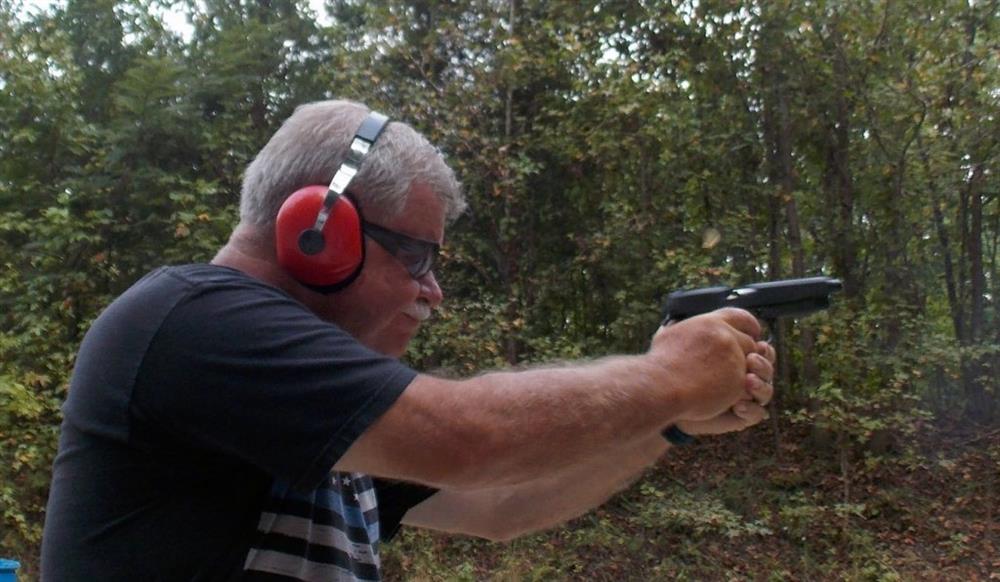 Bob Campbell shooting a double tap with a .38 Super pistol