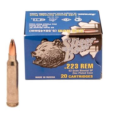 Ammo, Silver Bear, A223RSPN, .223 REM, 62 gr., SP, 20rd per box, 500rd per case, 25 boxes per case