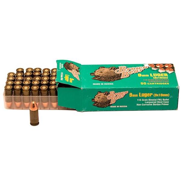 Ammo, Brown Bear, AA919RFMJ, 9MM LUGER, 115 gr., FMJ, 500rds (50 rd per box, 10 boxes per case)