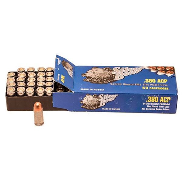 Ammo, Silver Bear, AS380FMJ, 380 ACP, 94 gr., FMJ, 50rd per box, 1,000rd per case, 20 boxes per case