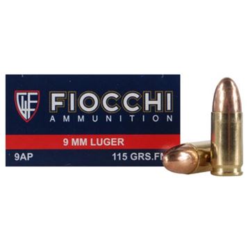 Fiocchi 9 mm 115 Grain Full Metal Jacket Brass Ammo (Box of 50 Round)