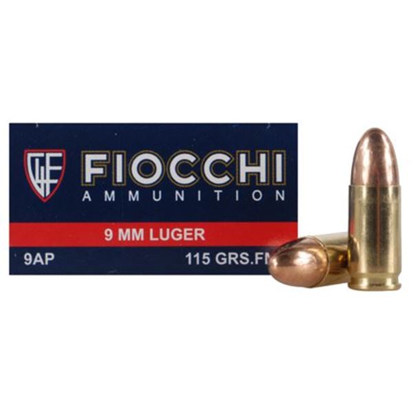 Fiocchi 9 mm 115 Grain Full Metal Jacket Brass Ammo (Box of 50 Round)
