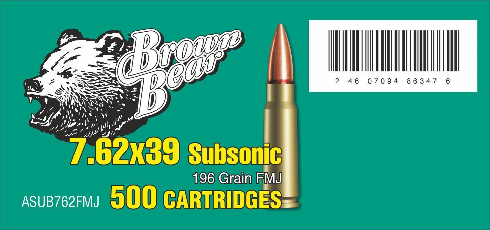 KVar Ammunition Brown Bear 7.62x39 Subsonic Ammunition, 500Rds at