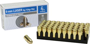 AS9A Scorpio 9mm 124 Grain FMJ Brass Case, Boxer Primed, 50 round Box