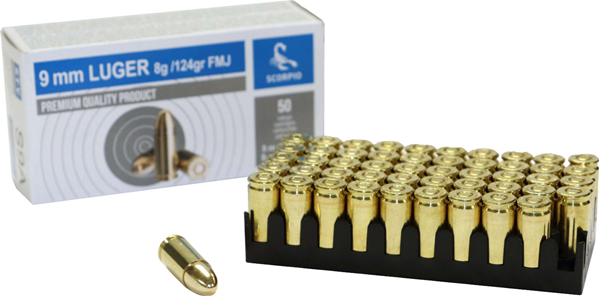 AS9A Scorpio 9mm 124 Grain FMJ Brass Case, Boxer Primed, 50 round Box