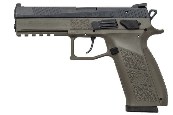 Picture of CZ P-09, 9mm, OD green frame, black slide; NS - interchangeable back straps - 10 rd mags