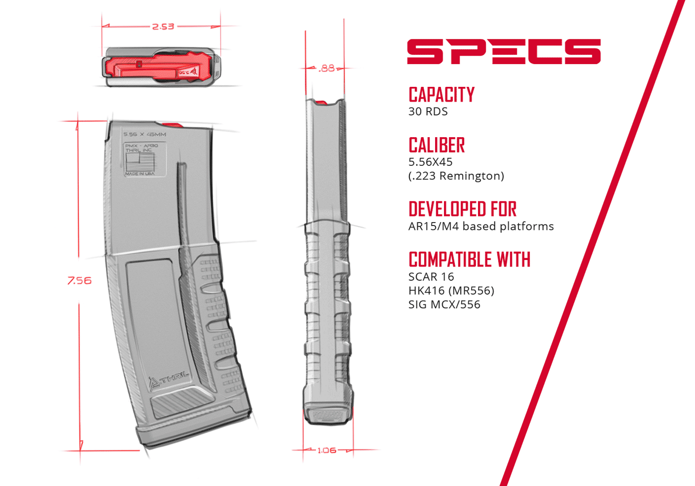 Thril USA Pack of 50 Black Polymer Matrix AR 5.56x45mm 30 Round